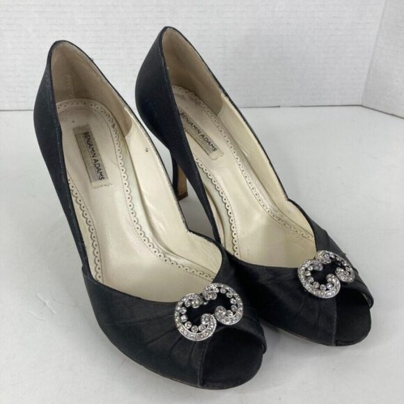 Benjamin Adams Womens Peep Toe Pump Shoes Sz 9 Black Satin Rhinestone 3.5" Heel - Picture 1 of 10